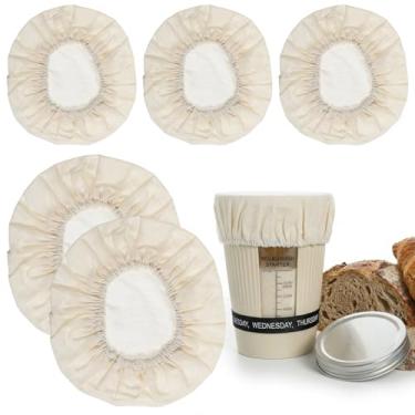 Imagem de 5 peças de cobertura de pote de massa fermentada pano respirável tampas de tecido Sourdough Starter Jar Cover Recipiente de fermentação de pão Capas de linho reutilizáveis para potes de vidro de 7,5 a