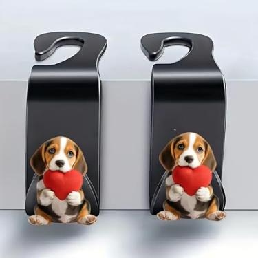 Imagem de 2 ganchos de acrílico para encosto de cabeça para assento de carro, filhote de beagle fofo segurando padrão de coração vermelho, ganchos organizadores de assento traseiro de veículo para bolsas