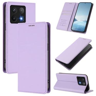Imagem de Capa carteira fina para Xiaomi 14T Pro 5G com capa flip magnética, compartimentos para cartões e suporte, bloqueio RFID, compatível com carregamento sem fio, capa protetora à prova de choque (roxa)