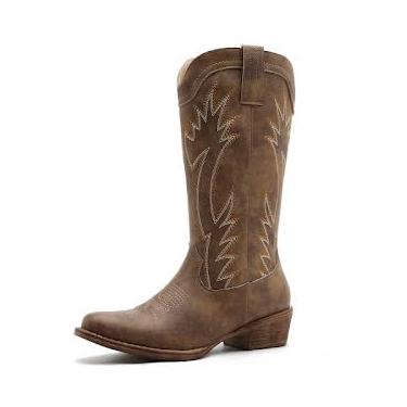 Imagem de GLOBALWIN Botas femininas de caubói de bico quadrado clássicas de cano médio com costura bordada salto baixo botas ocidentais confortáveis para roupas country, Camelo 25yy03, 38