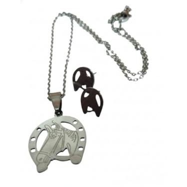 Imagem de Conjunto Colar e Brincos Ferradura com Cavalo Country em Aço Inoxidável 316L