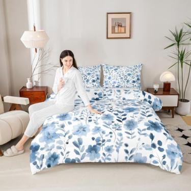 Imagem de Erosebridal Conjunto de edredom solteiro floral azul e branco, vintage, azul marinho, para crianças, meninas, folhas de plantas botânicas, decoração de quarto de fazenda, 1 fronha respirável