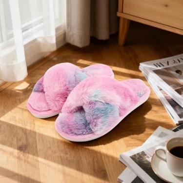 Imagem de Chinelos femininos em forma de cruz, dedos expostos, em forma de cruz, de pelúcia, quente, inverno, ambientes internos e externos, Camuflagem rosa, 7.5-8.5 Women/6-7 Men