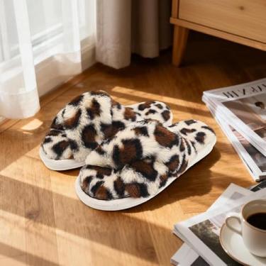 Imagem de Chinelos femininos em forma de cruz, dedos expostos, em forma de cruz, de pelúcia, quente, inverno, ambientes internos e externos, Estampa de leopardo, 11-12 Women/9.5-10.5 Men