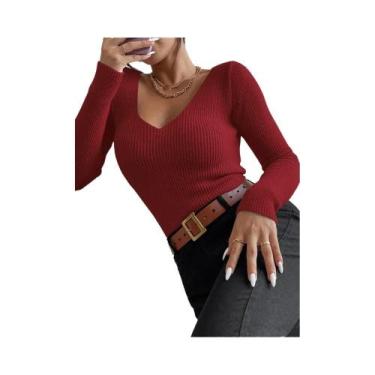 Imagem de Blusa Feminina De Tricô Canelado Com Decote V E Listras, Manga Longa, 