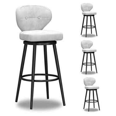 Imagem de Bancos de bar estofados de veludo moderno conjunto de 4, bancos de bar com altura de balcão com encosto e pernas de metal, cadeiras de jantar giratórias com apoio para os pés para ilha de cozinha, bar