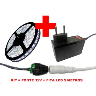 Imagem de Kit Fita de Led Branco Frio 6000k com 5 Metros + Fonte Energia 12v Bivolt