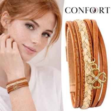 Imagem de Pulseira de Couro Feminina Ajustável Trançada Espírito Santo Flor Trev