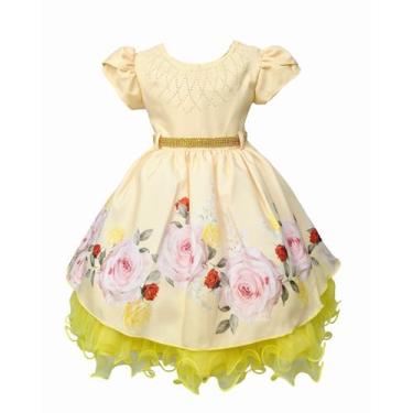 Imagem de Vestido Menina Bonita Amarelo Festa Florido Cinto Strass, 1, Amarelo