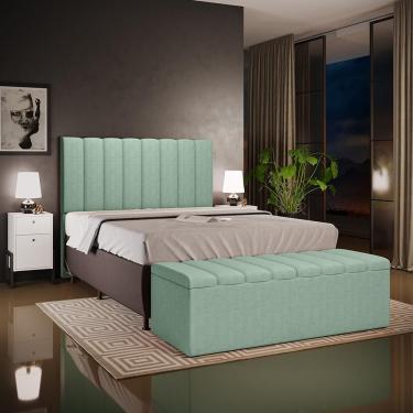 Imagem de Kit Cabeceira Cama Box Queen Dália W01 com Calçadeira Baú Estofada em Linho Verde Menta Lyam Decor