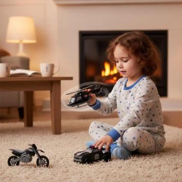 Imagem de Triplo BS Kit Brinquedos Polícia Carro Moto Helicóptero Preto Infantil