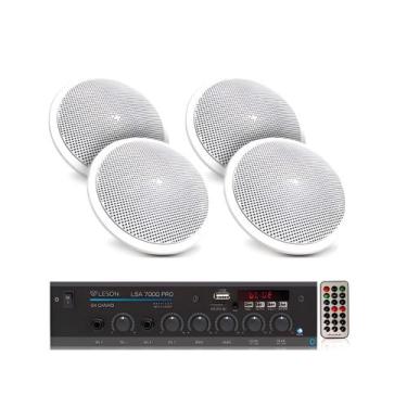 Imagem de Kit Som Ambiente 4 Arandelas Redondas Brancas + Receiver Bivolt LSA 70