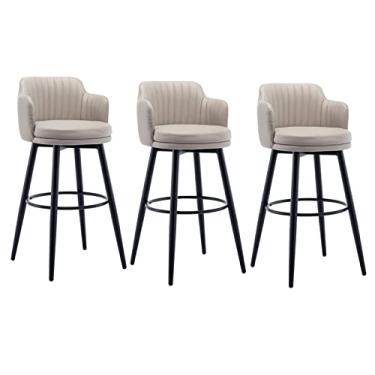 Imagem de Bancos de Barra Giratória Conjunto de 3 com Cadeira de Barra de Ilha de Cozinha Lombar, Altura do Balcão com Braços, Assento Estofado de Cromo de Couro Nappa, para Barras, Café, Lounge, Pubs