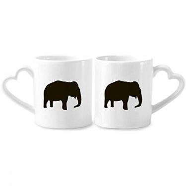 Imagem de Conjunto de canecas de porcelana de casal com desenho de animal fofo de elefante preto com alça de coração