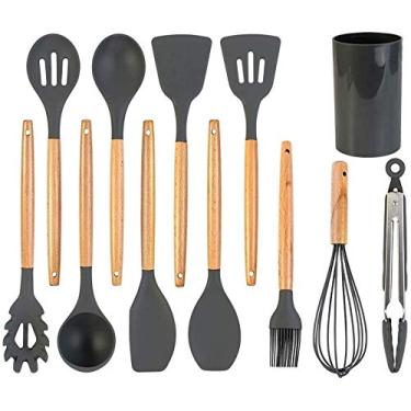 Imagem de Utensílios de cozinha com 12 peças de utensílios de cozinha de silicone conjunto de utensílios de cozinha com silicone resistente ao calor sem BPA e cabo de madeira, conjunto de utensílios