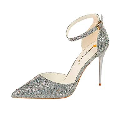 Imagem de Sandália de dedo fino sem cadarço para mulheres bico fino sapatos de casamento sexy blingbling sapatos de salto de luxo para mulheres (prata, 35)