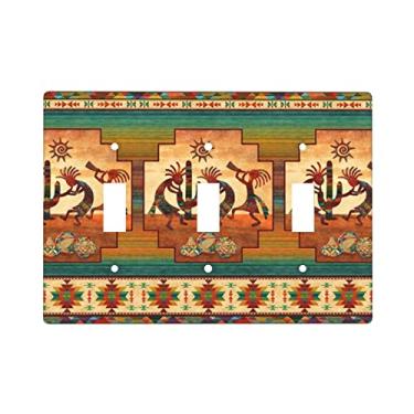 Imagem de Southwest Native American Kokopelli Tampa para interruptor de luz de 3 entradas, interruptor de parede decorativo com interruptor de interruptor triplo, tamanho 11,4 x 16,2 cm