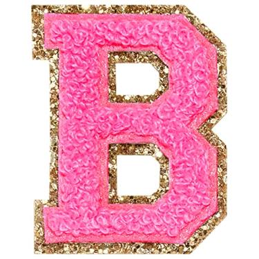 Imagem de 3 Pçs Chenille Letter Patches Ferro em Patches Glitter Varsity Letter Patches Bordado Bordado Borda Dourada Costurar em Patches para Vestuário Chapéu Camisa Bolsa (Rosa, B)