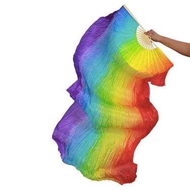 Imagem de TMZAQH Women 1 Piece Right Hand Real Silk Long Belly Dance Fan Veils 150 * 90 (vertical rainbow)