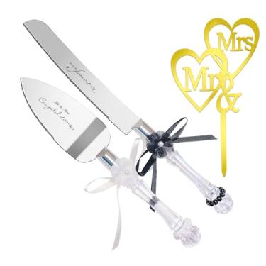 Imagem de Conjunto de 3 facas de bolo de casamento e conjunto de servidor com topo de bolo, conjunto de cortadores de bolo perfeito para decorações de casamento para recepção, conjunto de corte de bolo com