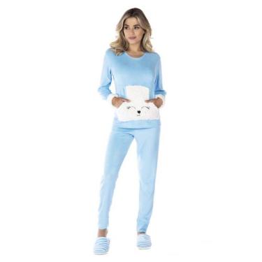 Imagem de Pijama Feminino Longo Adulto Plush Quente Inverno Victory, Azul, GG