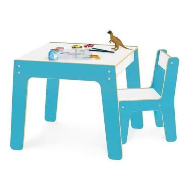 Imagem de Mesinha Didatica Infantil De Madeira MDF Com 1 Cadeira Junges Azul 991