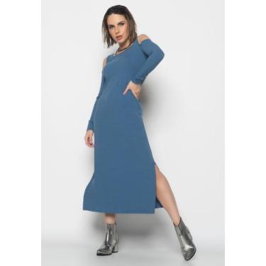 Imagem de Vestido Midi Ombro Vazado Manga Longa Canelado Azul Jeans Salvatore Fa