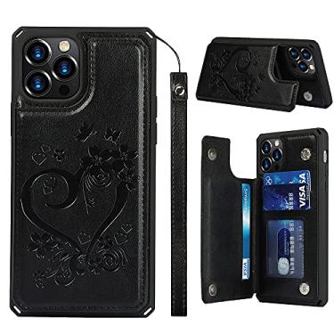 Imagem de ShunJieTech Capa para iPhone 12 Pro Max, porta-cartão de crédito e carteira com ranhura em forma de amor, capa protetora à prova de choque com alça (6,7 polegadas) - preta