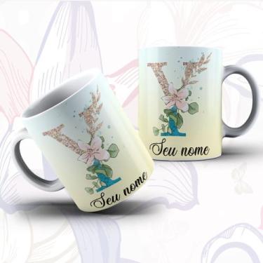 Imagem de Caneca Porcelana Alfabeto Floral Glitter Personalizada Com Inicial E N