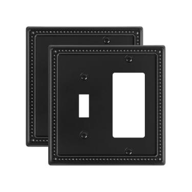 Imagem de TREEWELL Pacote com 2 unidades de placa para interruptores de luz decorativos, tampas de tomada elétrica decorativas de pérolas, placas de interruptor de parede de metal e tampas de tomada, preta