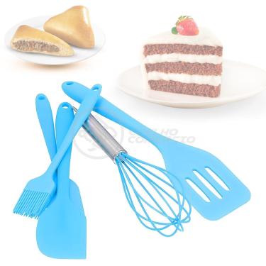 Imagem de Kit 5 Utensílios Jogo de Cozinha Peças de Silicone Espátulas Batedor Manual e Pincel - Azul
