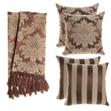 Imagem de Kit 1 Manta e 4 Capas de Almofada em Tecido Jacquard Marrom e Bege Tra