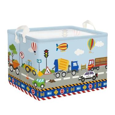 Imagem de HUUMONSS Carrinho de construção, cesto de roupa suja dobrável, cesta de armazenamento infantil, caixa de presente para meninos, caixa de brinquedo para berçário, escavadeira, 36L