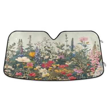 Imagem de GOODOLD Guarda-sol vintage flores silvestres para-brisa para carros, caminhões, SUVs - defesa contra raios UV, para-sol automático frontal dobrável, refrigerador interior do veículo (133 x 23,5