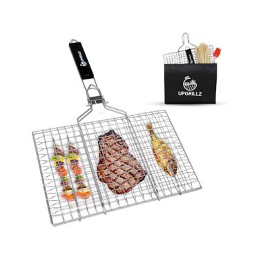 Imagem de Cesta portátil para churrasqueira de peixe para churrasqueira ao ar livre, aço inoxidável 430 à prova de ferrugem com alça removível e dobrável, inclui 50 espetos de bambu, escova de cozinha e bolsa de transporte