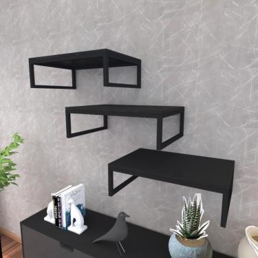 Imagem de Prateleira Industrial Suspensa Estante Parede Nicho Preto Ferro E Madeira Suporte Pratileira