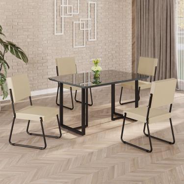Imagem de Conjunto Sala De Jantar Mesa 120x90cm Base Lunna Tampo Mdf Laca Com Vidro Napoli Creme - Preto