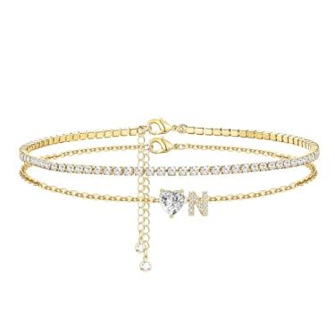 Imagem de CIOMY Tornozeleiras femininas com inicial dourada banhada a ouro 14 K, coração de zircônia cúbica, tornozeleiras femininas à prova d'água com letras ajustáveis em camadas, tornozeleira grande, verão