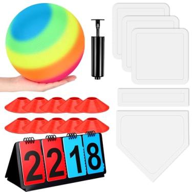 Imagem de Jenaai Conjunto de 18 peças de kickball esportivo inclui bola de playground, 5 bases de borracha para jogar para baixo, bolsa de rede para placar, 10 cones de linha suja para crianças, adultos,