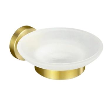 Imagem de Conjunto de acessórios para banheiro de parede em aço inoxidável dourado escovado - Suporte para toalha, suporte para papel higiênico, gancho para roupão, saboneteira (saboneteira)