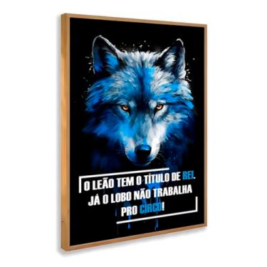 Imagem de Quadro Decorativo Lobo Azul Frase Força Selvagem Inteligência Animal Instinto Arte Impactante Estilo Escuro Com Moldura