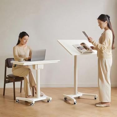 Imagem de Cttasty Mesa de computador ajustável, mesa dobrável de madeira maciça com rodas, mesa móvel para laptop, mesa de trabalho com suporte sentado, mesa com rodinhas, 71 cm A x 80 cm L x 40 cm P, branca