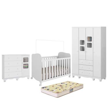 Imagem de Dormitório Uli Guarda Roupa 4 Portas, Cômoda e Berço com Colchão Supreme - Móveis Peroba