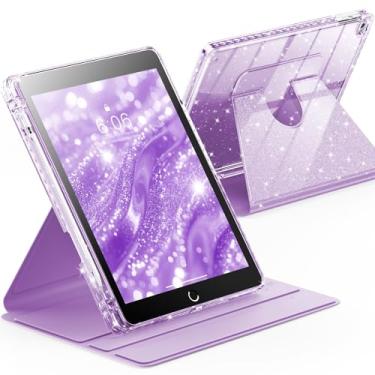 Imagem de INFILAND Capa giratória para iPad 6ª/5ª geração (2018/2017) iPad 9,7 polegadas, iPad Air 2/iPad Air 1, capa giratória 360 com glitter fofo com parte traseira transparente, suporte para lápis (roxo