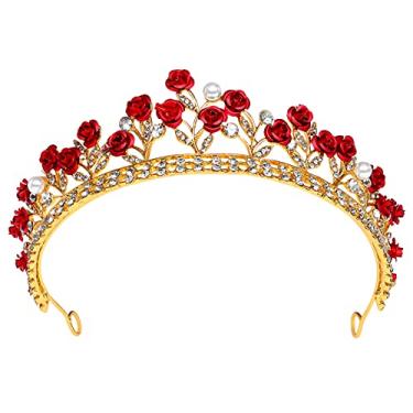 Imagem de NUOBESTY Coroa de daminha de flor de strass – acessórios para cabeça de casamento com design de rosa sintética, tiara de princesa para meninas, tiara de noiva para festas, concursos de beleza