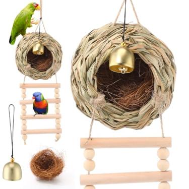 Imagem de Briwooody Casa de pássaros pendurada com escada, grama, ninho de pássaro, ninho de reprodução, gaiola de cama de periquito, antibicada, com sino de fibra de coco natural para papagaio, periquito