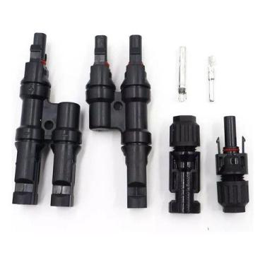 Imagem de Kit Conector Mc4 T2 2x1 Vias + Par Mc4 Simples Painel Solar - Snetec