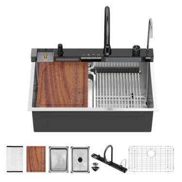 Imagem de Pia de cozinha em cascata de 76 cm - Beslend 76 x 48 cm, pia em cascata, pias inteligentes, bacia única de aço inoxidável calibre 16 com combinação de torneira