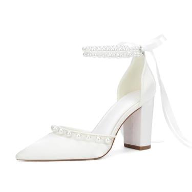 Imagem de HAULSAIL Sandálias femininas de salto de casamento com pérola, tira no tornozelo, salto bloco de 8,3 cm, sapatos formais para noivas com laço, Branco marfim, 38