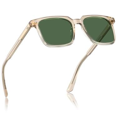 Imagem de CARFIA Óculos de sol retrô de acetato para homens com proteção UV polarizada, óculos escuros masculinos quadrados modernos para dirigir ao ar livre, 4. Lente verde com armação amarela transparente
